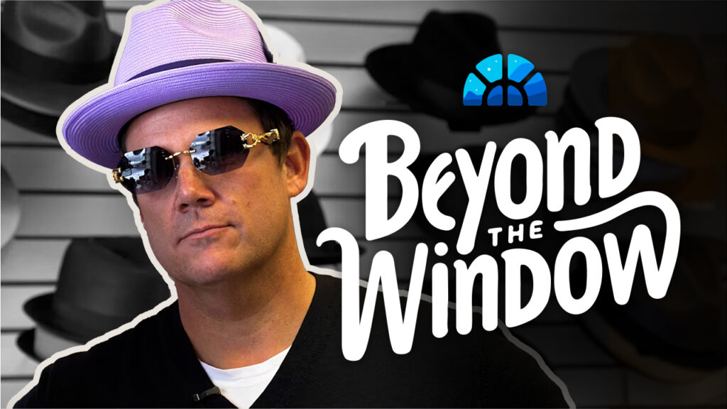 Man in sunglasses and a purple hat poses in a hat store under "Beyond the Window" branding