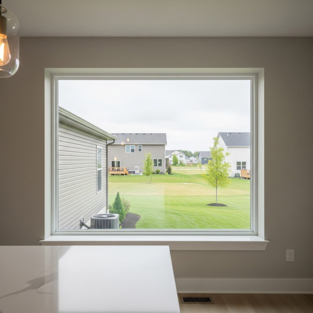 ai generated image of a picture window overlooking a typical wixom backyard